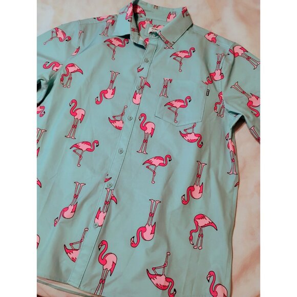 Hurley Shirt Mens XL Turquoise Flamingo Tropical Hawaiian Pink Geometric Camp - Picture 1 of 5